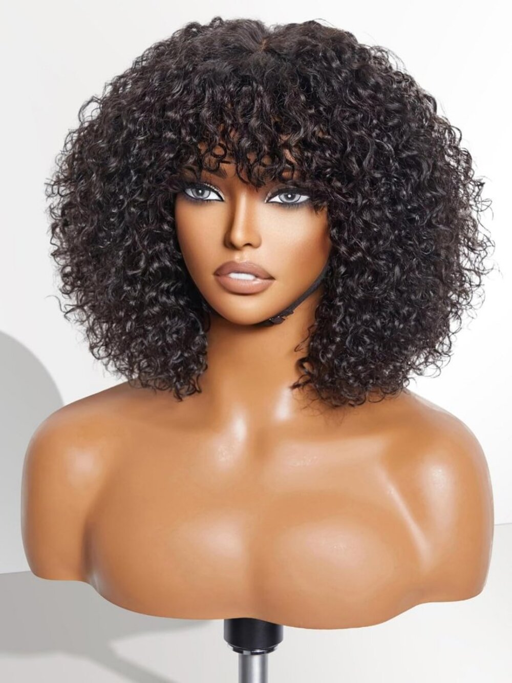 Short Curly Bob Wig with Bangs - 10 Inch Water Wave Human Hair Wig
